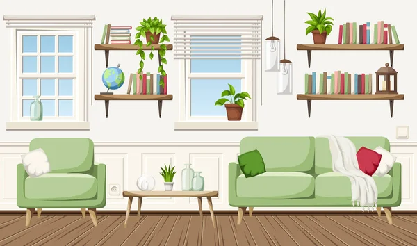 Vector Cozy Living Room Interior Sofa Armchair Table Bookshelves — Stock Vector