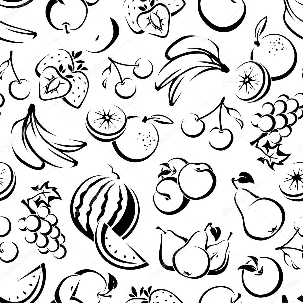 Vector seamless black and white pattern with various fruit. Line art illustration.