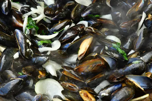 Cozze di mariniere, una ricetta francese con scalogno e vino bianco — Foto Stock