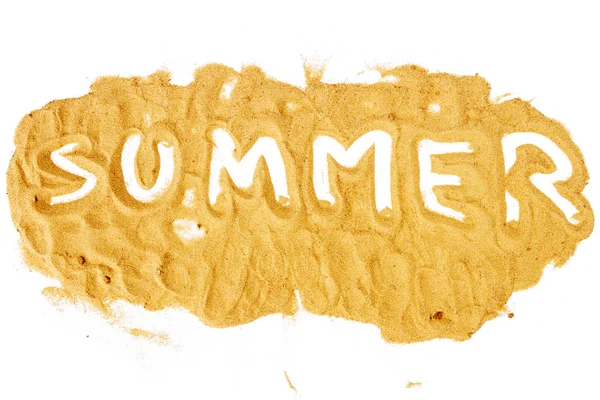 Word SUMMER written on pile of yellow sand — Stock Photo, Image