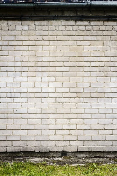Großes Fragment einer weißen Ziegelmauer mit grünem Gras — Stockfoto