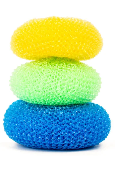 Tower of vibrant plastic scourers — Stock Photo, Image