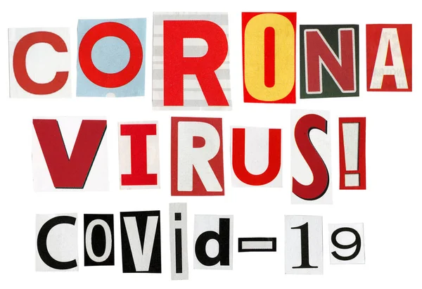 Corona Virus Covid Tekst Gemaakt Van Krantenknipsels Geïsoleerd Witte Achtergrond — Stockfoto