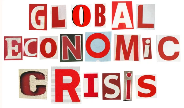 Текст Глобального Экономического Кризиса Газетных Вырезок Изолированных Белом Фоне — стоковое фото
