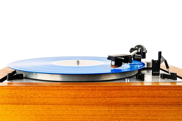 Giradiscos Vintage Con Vinilo Azul Aislado Blanco Plinto Madera Equipo —  Fotos de Stock