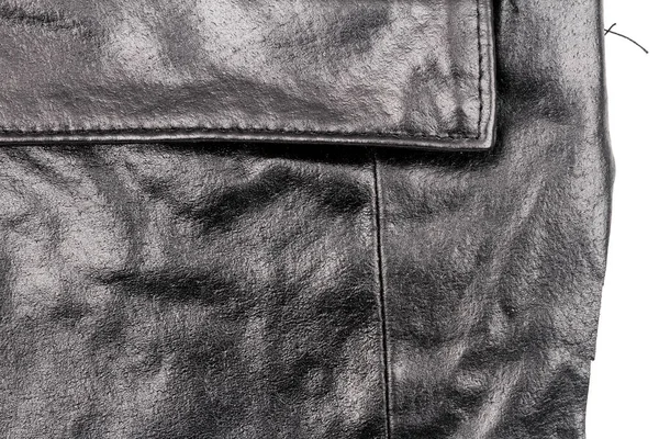 Pezzo Pelle Nera Con Una Tasca Isolata Sfondo Bianco Tessuto — Foto Stock