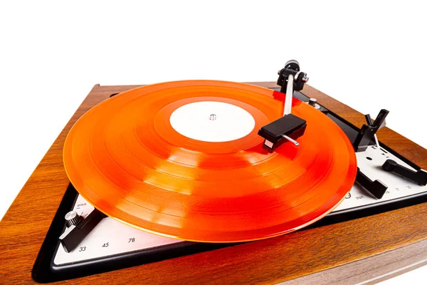 Vintage Turntable Red Vinyl Isolated White Wooden Plinth Retro Audio — Stock Photo, Image