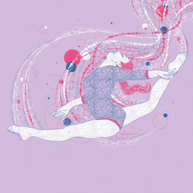 Bir jimnastikçi kız yapıyor bir split, Lila arka plan grafik iz atlama vektör Illustration. Bu vektör klip sanat çizim kolay düzenleme için katmanlar halinde inşa edilmiştir.
