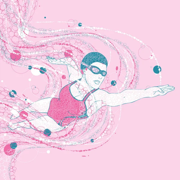 Bir Kadın Bir Havuzu Pembe Bir Arka Plan Grafik Yüzme — Stok Vektör