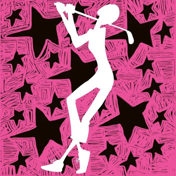 ゴルフ女の子プレーヤー図のベクトル イラスト 星とフクシアの背景の白いシルエット — ストックベクタ