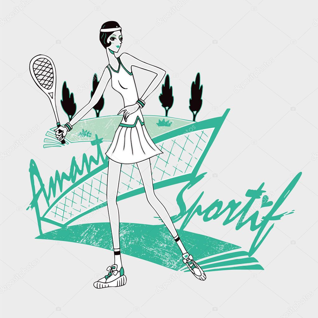 Tennis girl naive style. Tennis club competition tournament banner. Poster with girl playing tennis game in modern flat style. This vector clip art illustration is built in layers for easy editing.