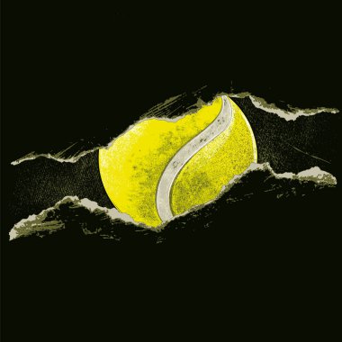 Tenis topu bir RIP arkasında. Siyah arka plan üzerine izole bir tenis topu vektör Illustration. Bu vektör klip sanat çizim kolay düzenleme için katmanlar halinde inşa edilmiştir.