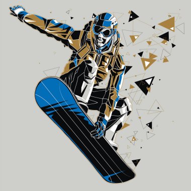 Snowboard ile grafik bir iz. Vektör çizim bir atlama snowboarder, izole gri arka plan. Bu vektör klip sanat çizim kolay düzenleme için katmanlar halinde inşa edilmiştir.