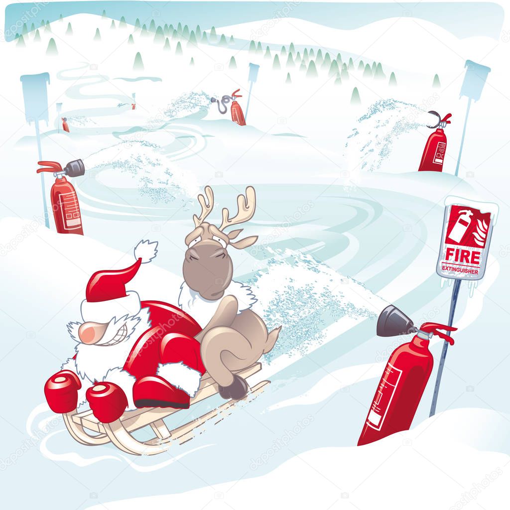 Santa Claus and a reindeer on a sledding. Vector illustration with santa claus on a sled with a reindeer coming down from a track along which fire extinguishers and fire danger signs are placed