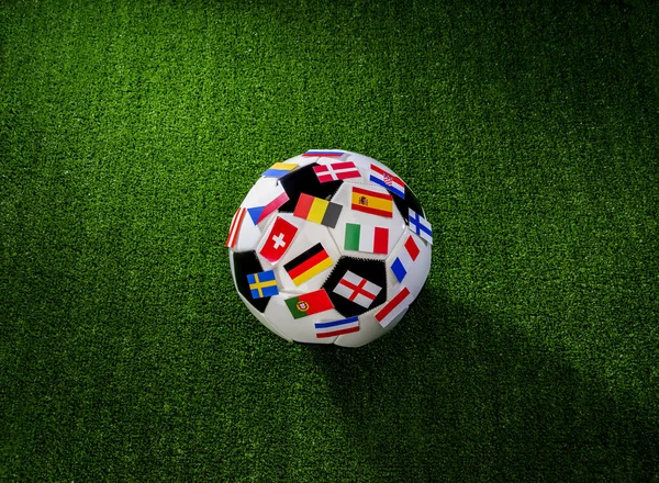 Close up of soccer ball with flags of European countries