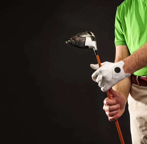 Golfista Segurando Uma Unidade Fundo Preto Fechar Golfista Masculino Segurando — Fotografia de Stock