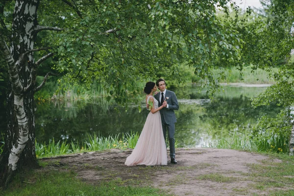 A noiva e o noivo abraçam-se no parque perto da lagoa Imagens Royalty-Free