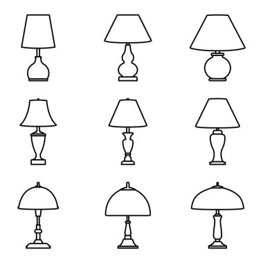 Masa lambası Icon set. Vektör ince çizgi
