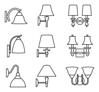 Duvar lamba vektör Icon set. Vektör ince çizgi
