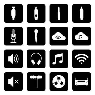 Ses cihazı ve bağlantı ayarlayın. Simgeler siyah arka plan üzerinde beyaz izole