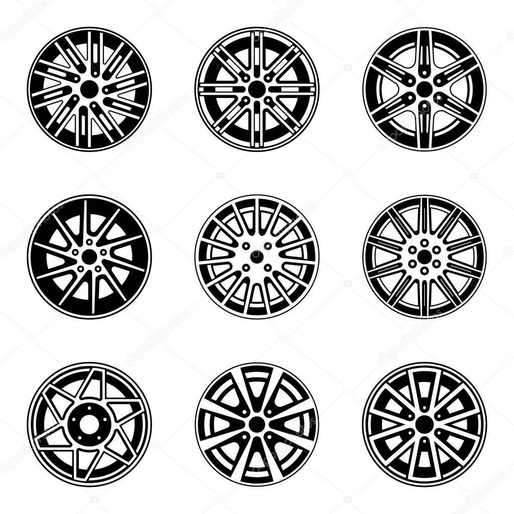 Car wheel and rim icon set. Flat vector — Stock Vector