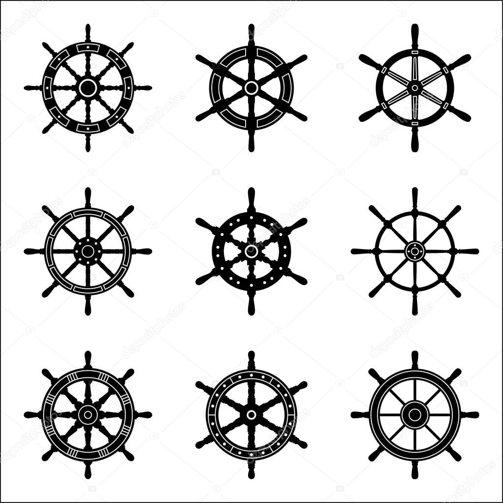 Ship steering wheel set. Black vector on white backgrounds