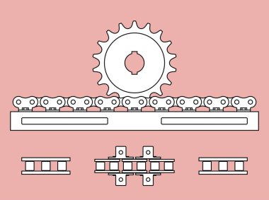 Roller chain and sprocket on light pink background 
