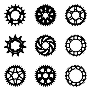 Set of sprocket wheel icons. Motorcycle parts. Silhouette vector clipart
