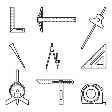 Ölçüm aletleri seti. Düz simgeler. İnce çizgi vektörü