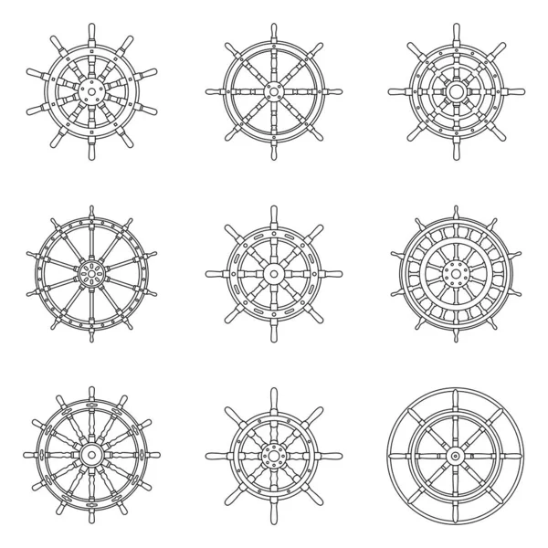 Reihe von Schiffsrad-Symbolen. Dünnlinienvektor — Stockvektor