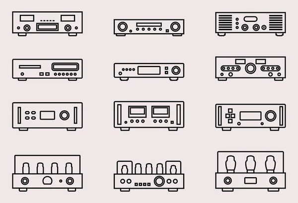 Set of audio equipment icons. Amplifier. Receiver. CD Player. Thin line icon — Stock Vector