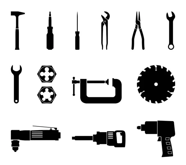 Set handgereedschap en elektrisch gereedschap. Silhouet pictogrammen — Stockvector