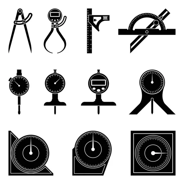 Varios tipos de herramientas de medición. Distancia y nivel. Iconos planos — Vector de stock