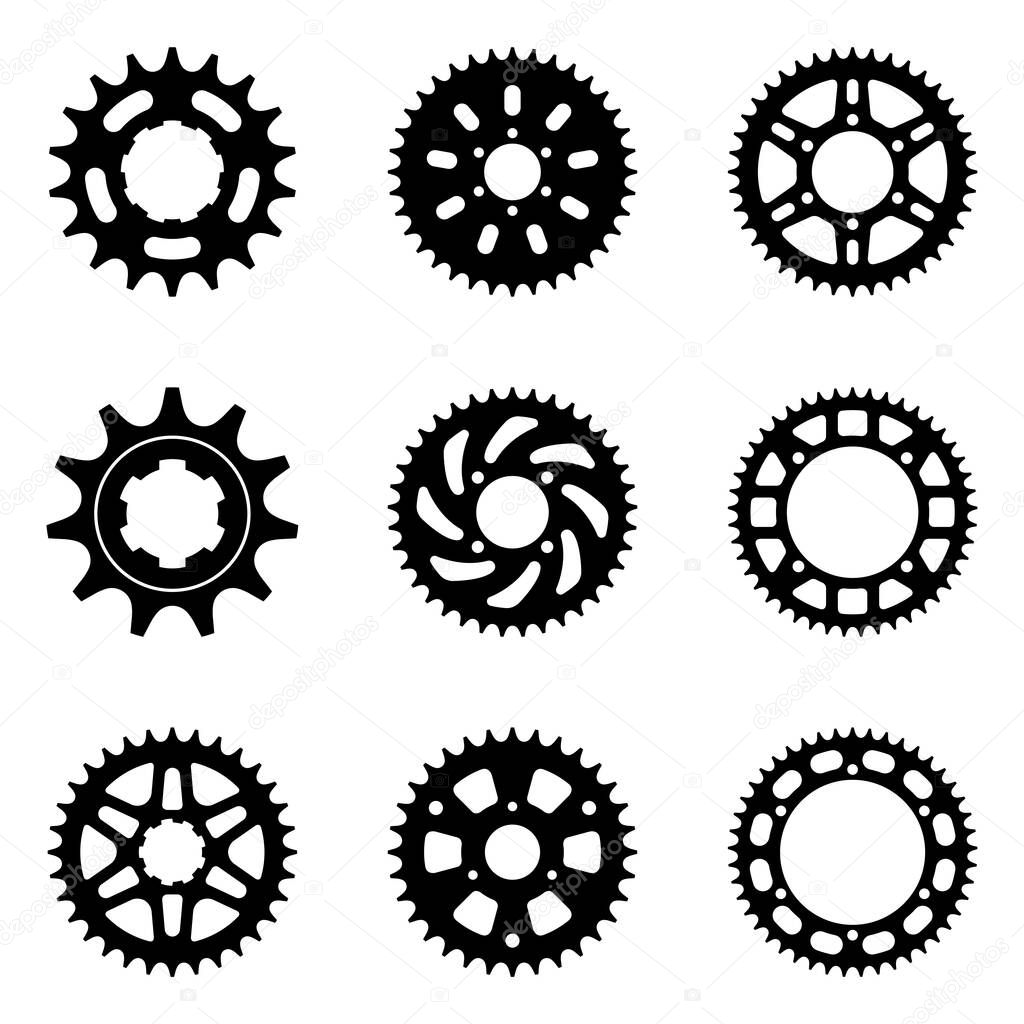 Set of sprocket wheel icons. Motorcycle parts. Silhouette vector