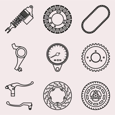 Motosiklet parçaları simgeleri ayarlandı. Vektör illüstrasyonu