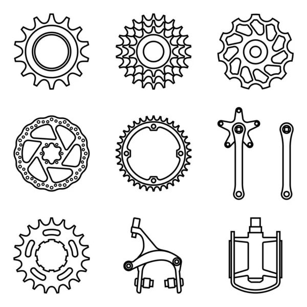 Conjunto Iconos Piezas Bicicleta Línea Delgada Vector — Vector de stock