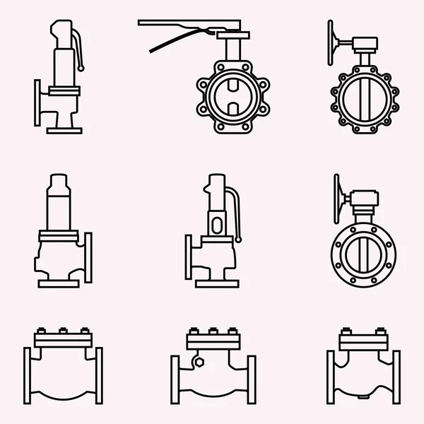 Conjunto Iconos Válvula Industrial Línea Delgada Vectorial — Vector de stock