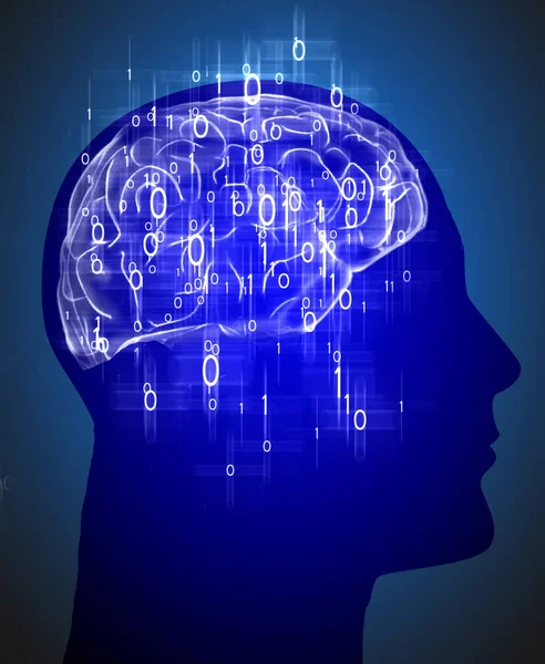 Cabeza humana con cerebro y código binario —  Fotos de Stock