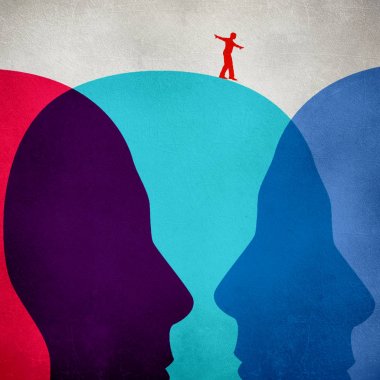 renkli insan kafaları dijital illüstrasyon üzerinde yürüyen equilibrist