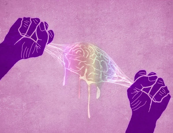 Дві руки стискають цифрову ілюстрацію мозку Стокове Зображення