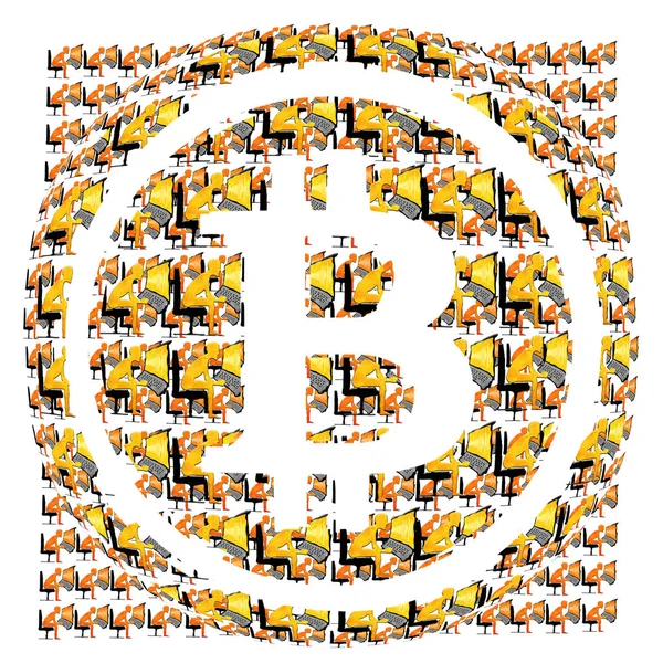 Bitcoin-Symbol und viele Bergleute digitale Illustration — Stockfoto