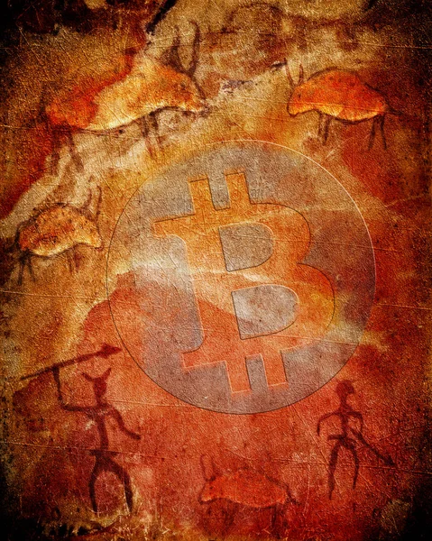 Bitcoin symbol on prehistoric background with animals and hunters digital illustration — Stock Photo, Image