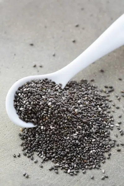 Pile Chia Seeds White Spoon — Stock Photo, Image