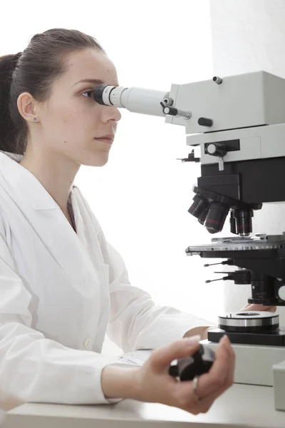 Laboratorieassistent Räkna Celler Mikroskop Lins — Stockfoto