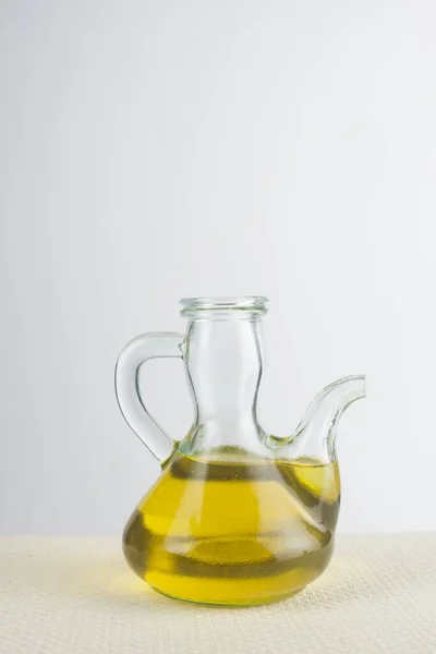 Jug Olive Oil Table White Background — Stock Photo, Image