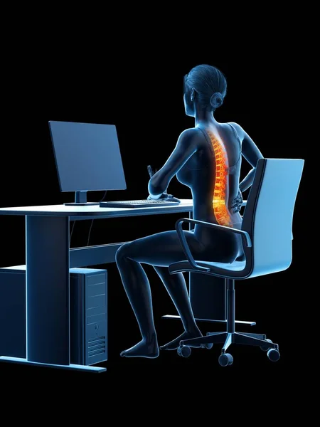 コンピュータで働く腰痛を持つ女性 コンピュータイラスト — ストック写真