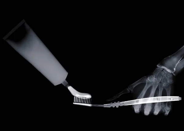 Hand Holding Toothpaste Toothbrush Ray — Stock Photo, Image