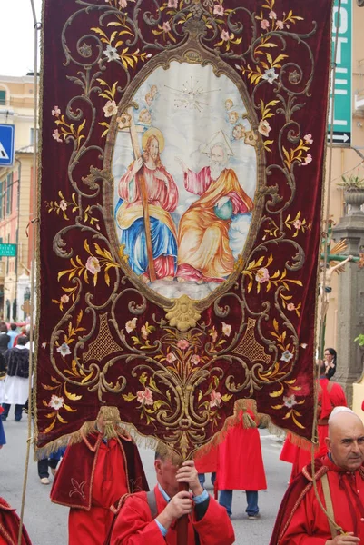 Festival Ciudad Con Una Procesión Cristiana Católica Cada Hermandad Lleva — Foto de Stock