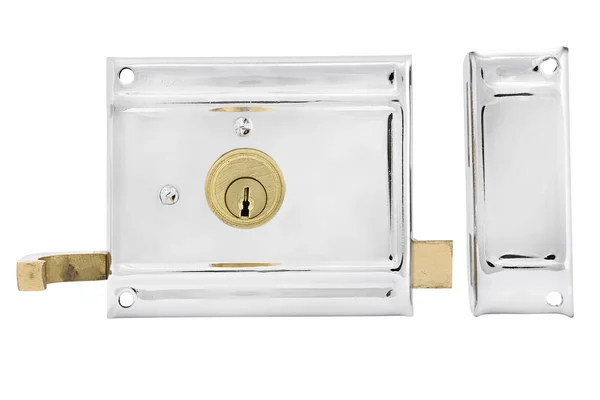 Dörrar och dörrhandtag med nyckel isolerad på vit — Stockfoto