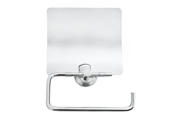 Рулон белой туалетной бумаги висит на хромированной катушке унитаза
